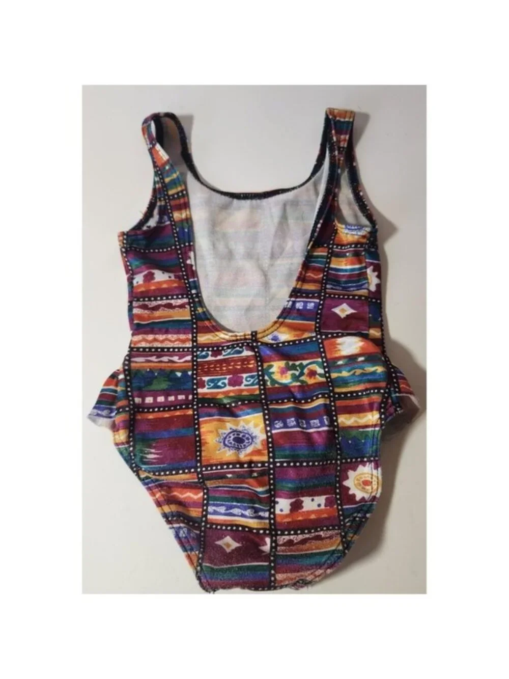 90s Girls Southwestern‎ Print Ruffle One Piece Swimsuit Multicolor Sun Geometric
